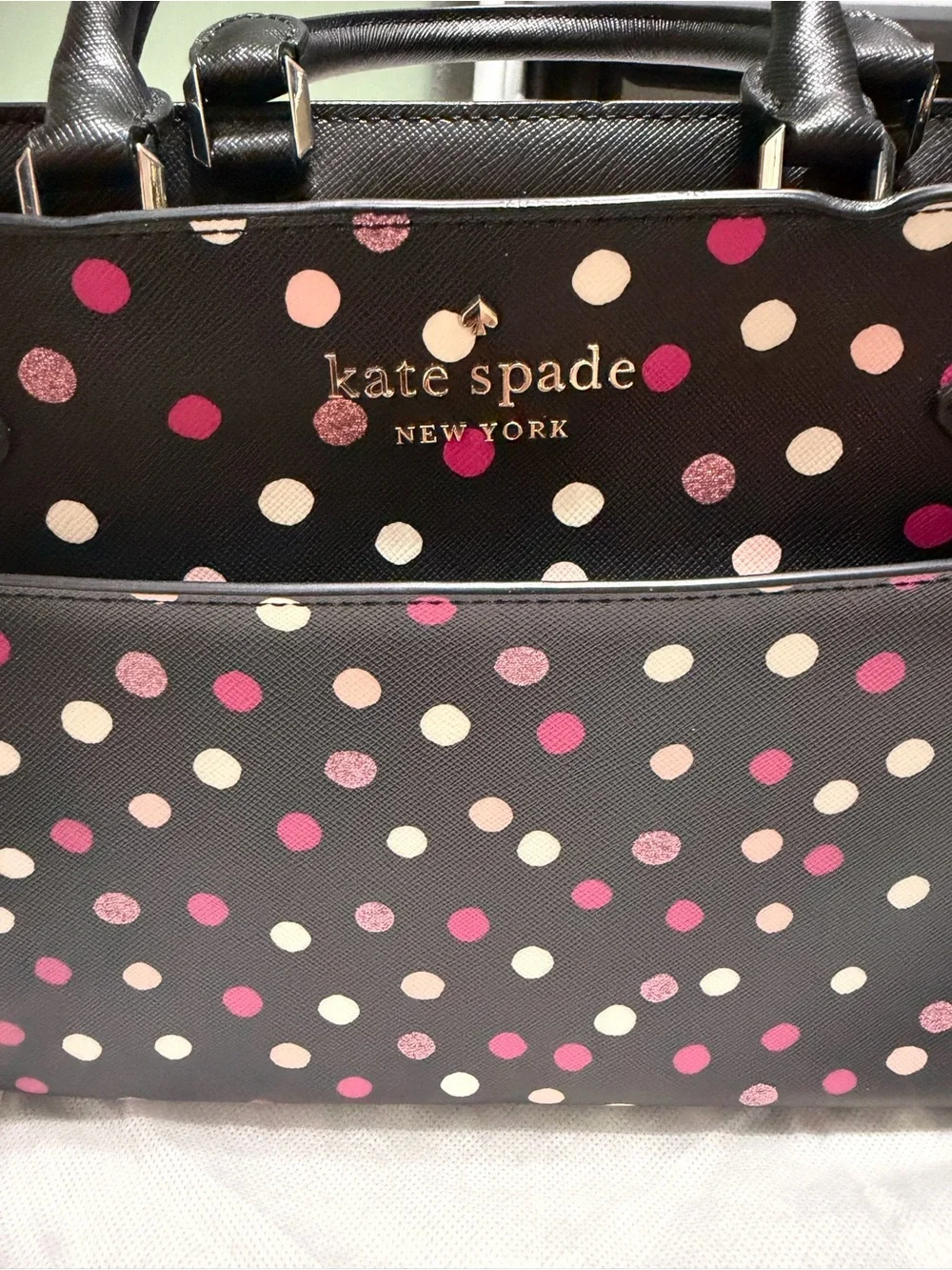 kate spade Black Leather Crossbody Tote with Pink and Cream Polka Dots